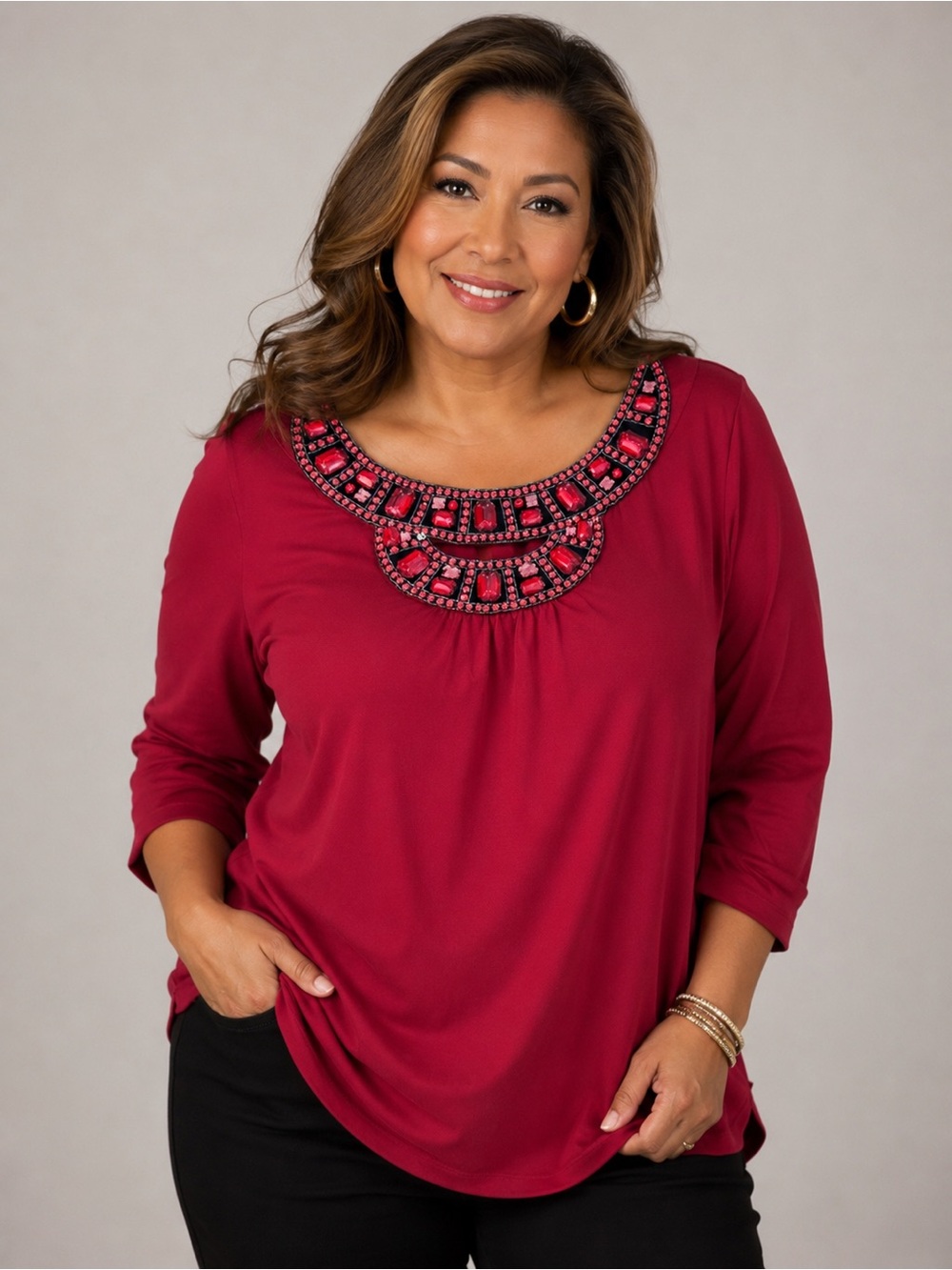 Bob Mackie Wearable Art Red Embellished Keyhole Tunic Top 1X